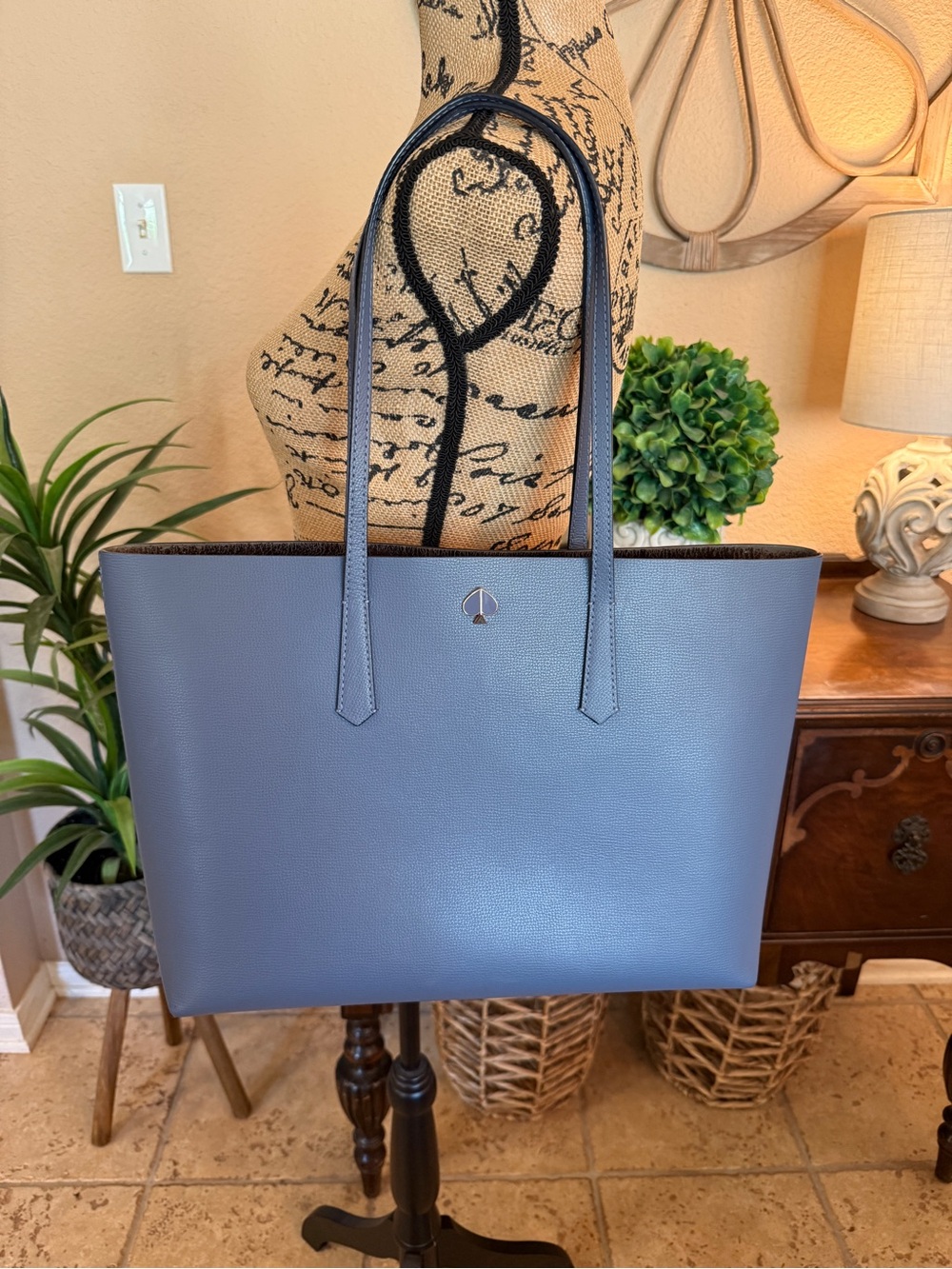 Kate Spade Blue Leather Large Tote with Metallic Interior & detachable zip pouch